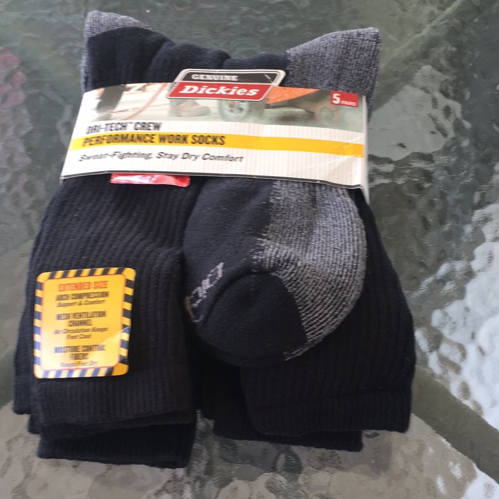 New 5 Pair Men Dickies Dri-Tech Crew Black Socks-Extended Size 12-15